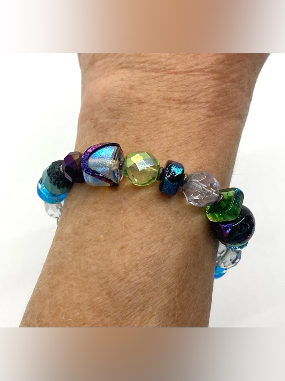 Vintage Blue Green Purple Glass Beaded Chunky Bracelet Grandmillenial Eclectic - Picture 3 of 9